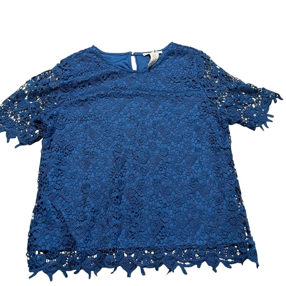 Philosophy Lace Crochet Blue Embellished Boxy Blouse Lined Size XL